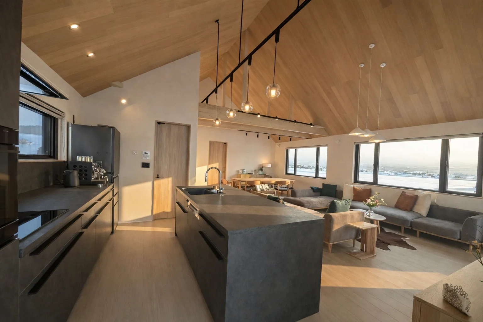 Designer kitchen with wooden ceiling and mountain views at Villa Matsu
